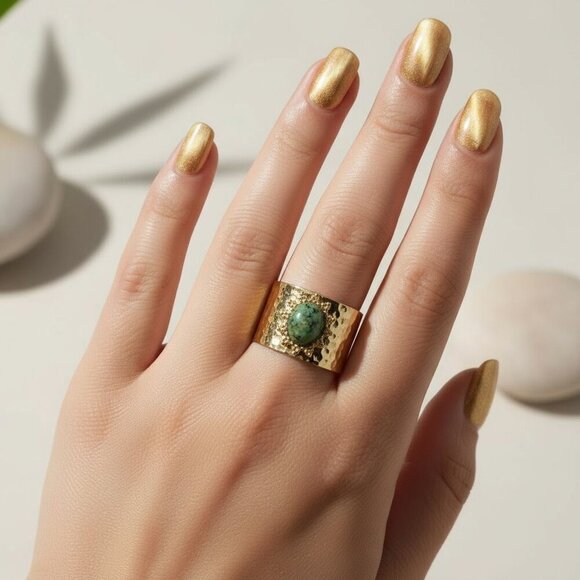Elegant 18K Gold Plated Adjustable Ring with Moss Agate Stone, Fits 7-8 💍 - Picture 7 of 17